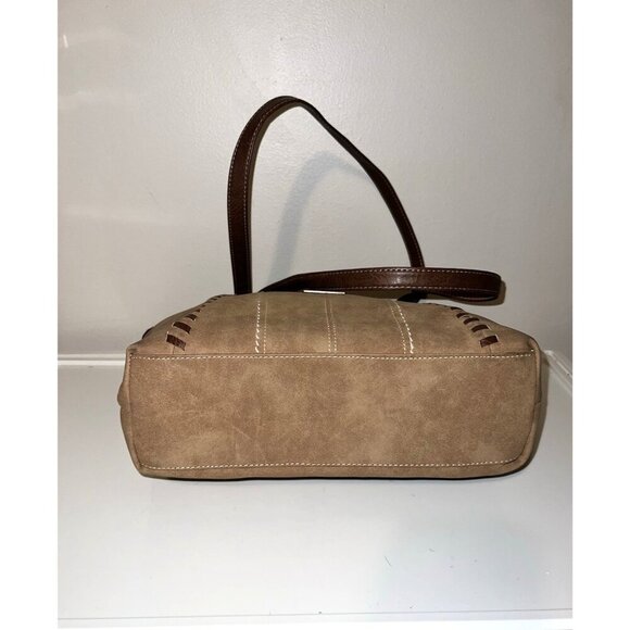 BOC Brown Faux Leather Double Handles Top Zipper Stitched Tote Bag - Picture 9 of 16